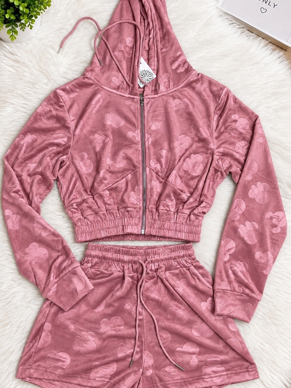 Women's Pink Floral Velour Hoodie & Shorts Lounge Set
